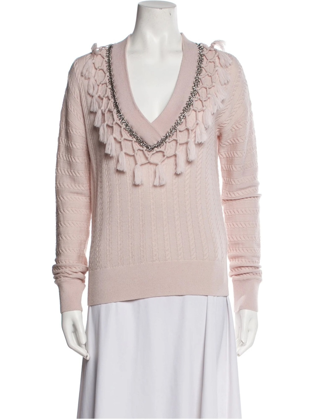 JONATHAN SIMKHAI Light PINK Cable KNIT SWEATER Size XS CHAIN Tassel V Neck Wool
